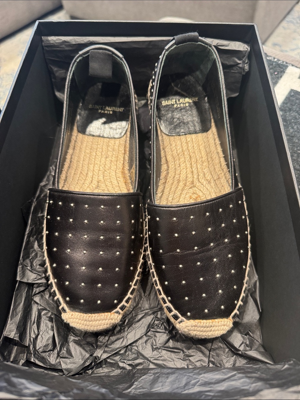 Saint Laurent Black Studded Leather Espadrilles with Jute Sole